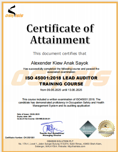 ISO 45001 lead auditor training certificate awarded to Alexander Kiew Anak Sayok