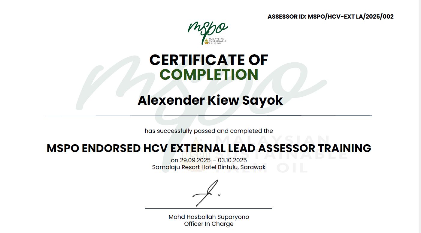 MSPO Endorsed HCV External Lead Assessor training certificate awarded to Alexander Kiew Sayok