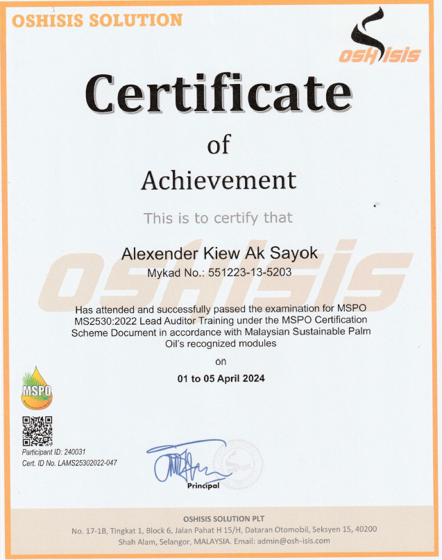 MSPO lead auditor training certificate awarded to Alexander Kiew Ak Sayok
