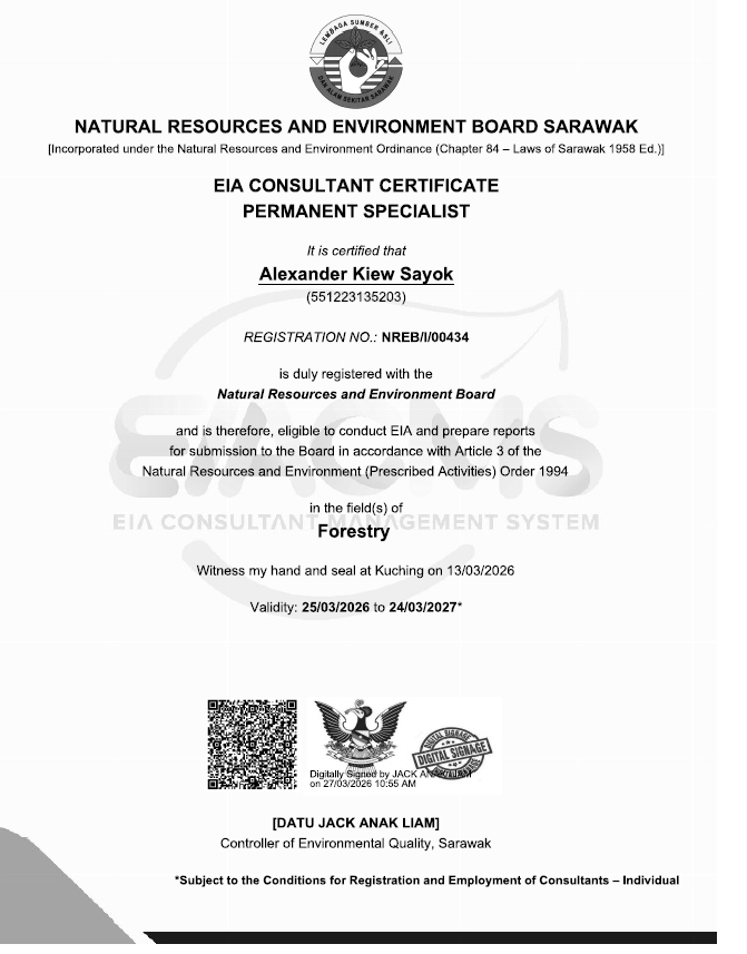 NREB EIA Consultant Certificate for permanent specialist Alexander Kiew Sayok
