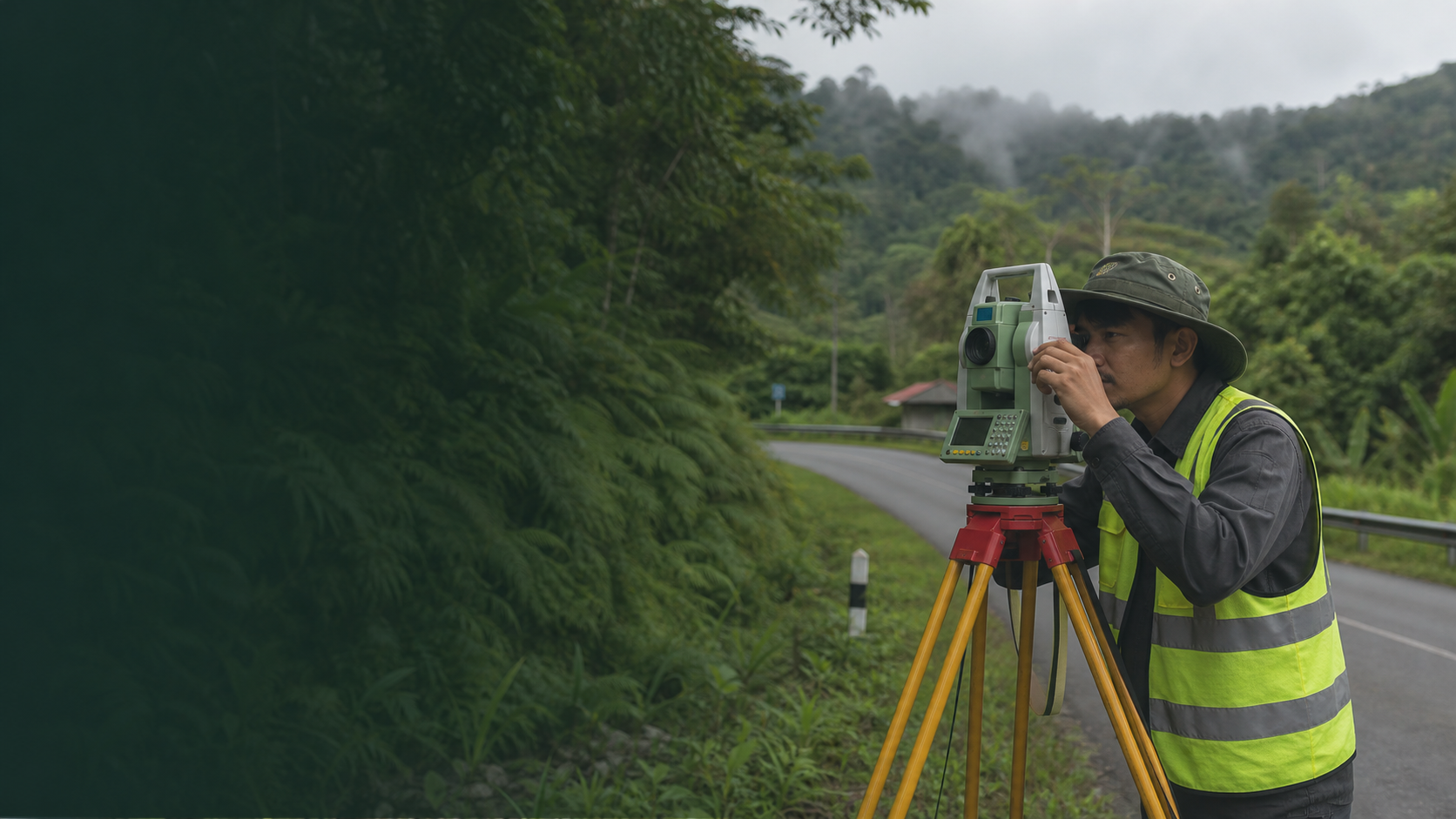 Land surveyor operating a total station beside a tropical road in Sarawak
