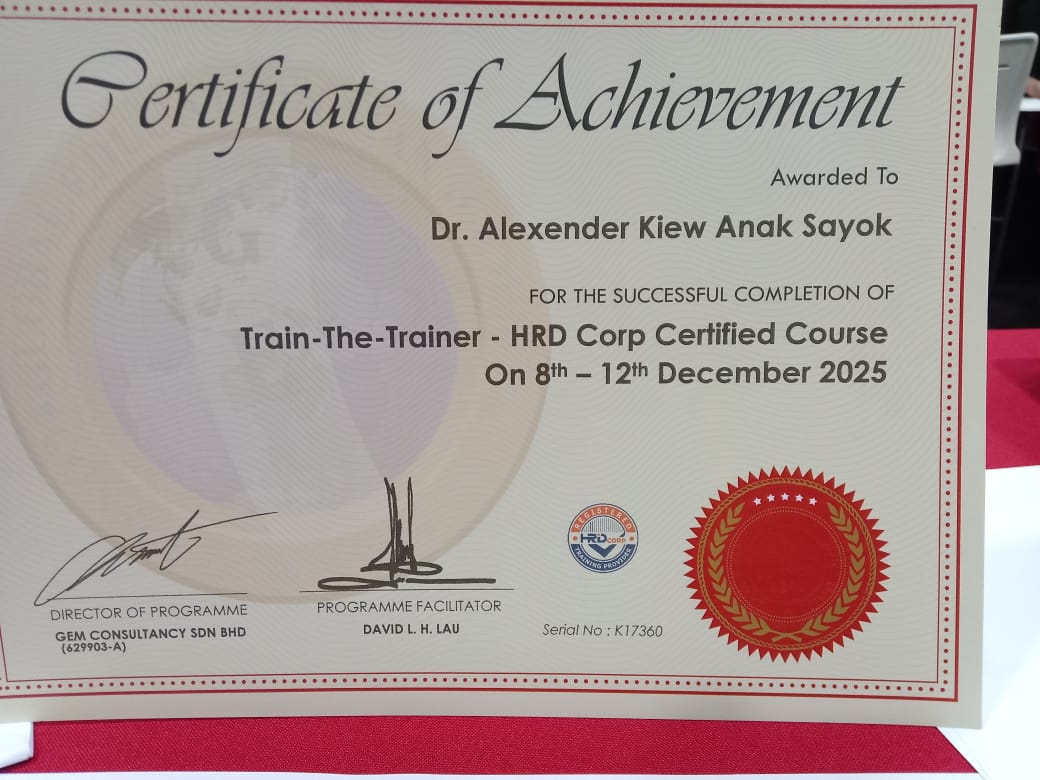 Train-the-Trainer certificate awarded to Dr Alexander Kiew Anak Sayok